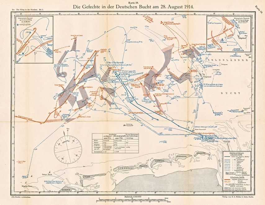 Übersicht über die Gefechte in der Deutschen Bucht am 28. August 1914 ( Karte 19 aus: Der Krieg zur See 1914-1918, Nordsee, Band 1)<br>